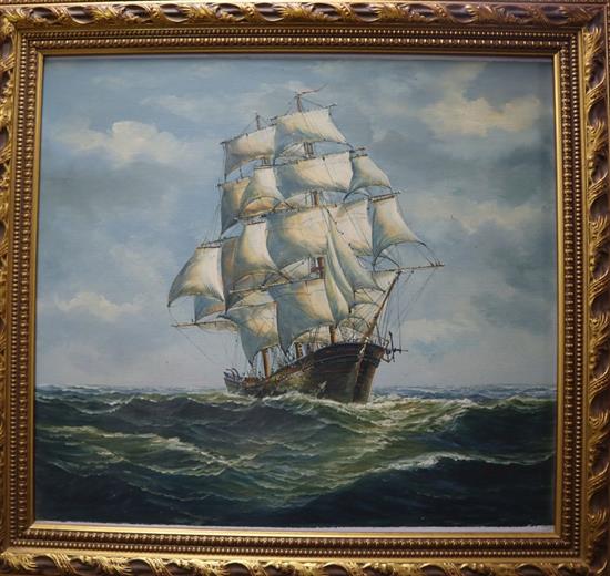 English School (20th century), oil on canvas, Sailing ships at sea, indistinctly signed, 55 x 59cm
